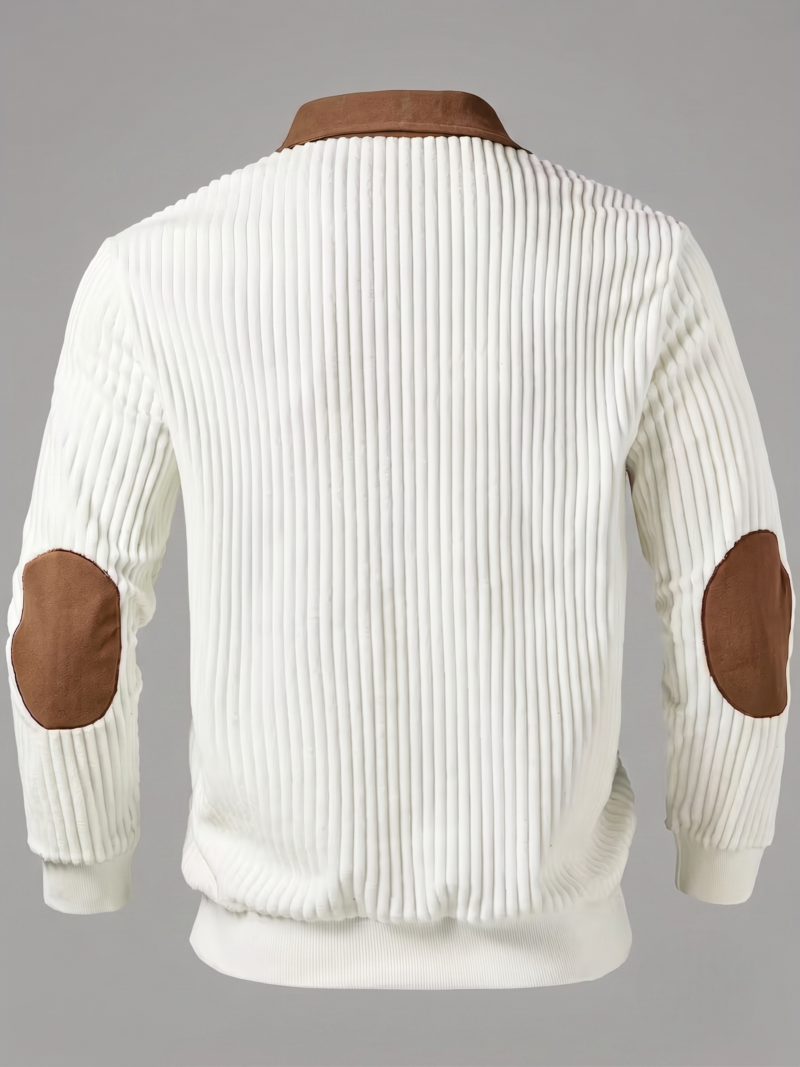 Men's Color-Block Design Casual Stand Collar Pullover - Ribbed Color-Block Patchwork, Thick and Warm Pullover, Stand Collar with Zipper Design, Suitable for Daily Casual Fashion, Simple and Versatile for Outings and Commuting, Long-Sleeve Pullover 9 Studio product shot displaying the back view of a white color casual stand collar pullover with vertical ribbed texture and brown suede elbow patches.