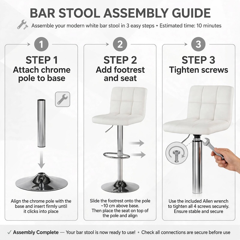 comfortable MCQ Bar Stools Set Armless Adjustable Swivel Barstools, PU Leather Hydraulic Kitchen Counter Height Bar Stools, Thickened Seat Cushion with Back 24 3-step assembly instructions infographic for a white 2 pack bar stools set armless adjustable.
