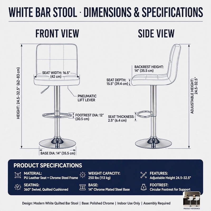 comfortable MCQ Bar Stools Set Armless Adjustable Swivel Barstools, PU Leather Hydraulic Kitchen Counter Height Bar Stools, Thickened Seat Cushion with Back 25 Comprehensive specification sheet detailing features of the white 2 pack bar stools set armless adjustable.