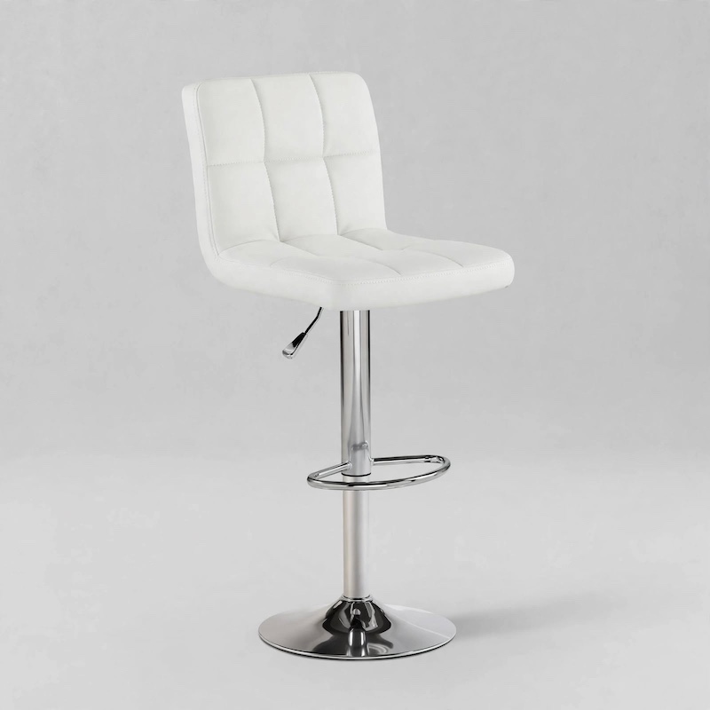 comfortable MCQ Bar Stools Set Armless Adjustable Swivel Barstools, PU Leather Hydraulic Kitchen Counter Height Bar Stools, Thickened Seat Cushion with Back 6 Single modern white bar stool with a chrome base and quilted cushion.