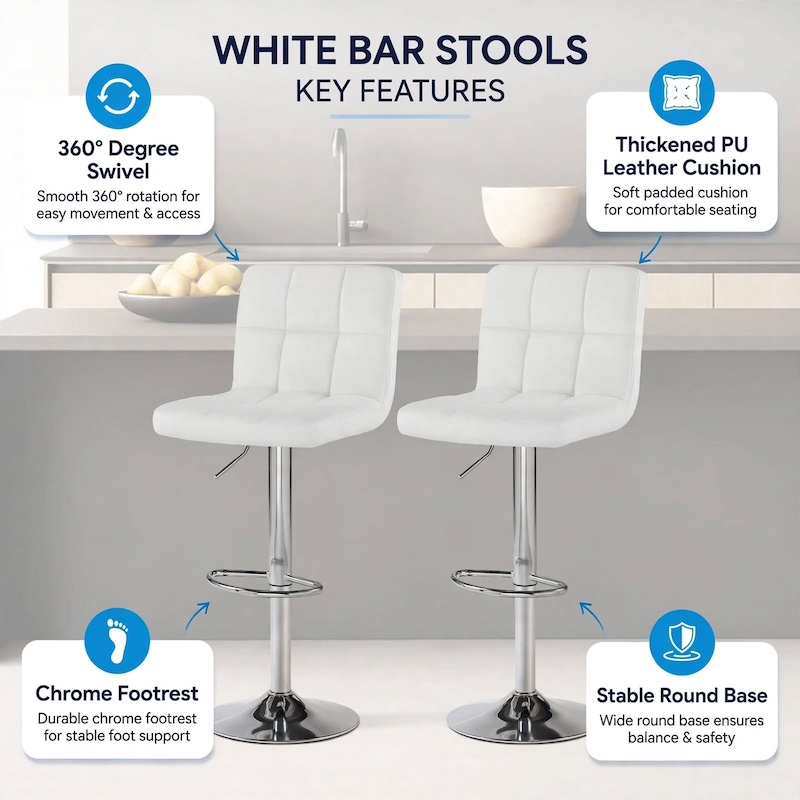 comfortable MCQ Bar Stools Set Armless Adjustable Swivel Barstools, PU Leather Hydraulic Kitchen Counter Height Bar Stools, Thickened Seat Cushion with Back 22 Infographic pointing out 360-degree swivel, thickened cushion, and chrome features of the white 2 pack bar stools set armless adjustable.