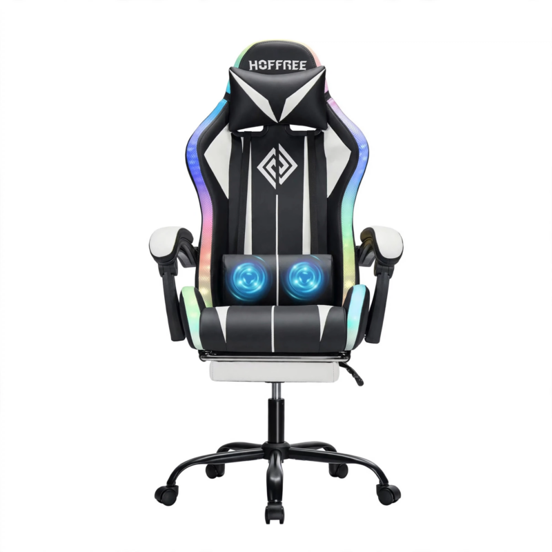 New Model 1.2 Two-Point Massage Lumbar with 135-Degree LED Light Strip 12 Front view of a white and black Hoffree gaming chair with ambient RGB side strips and a central 1.2 Two-Point Massage Lumbar pillow.