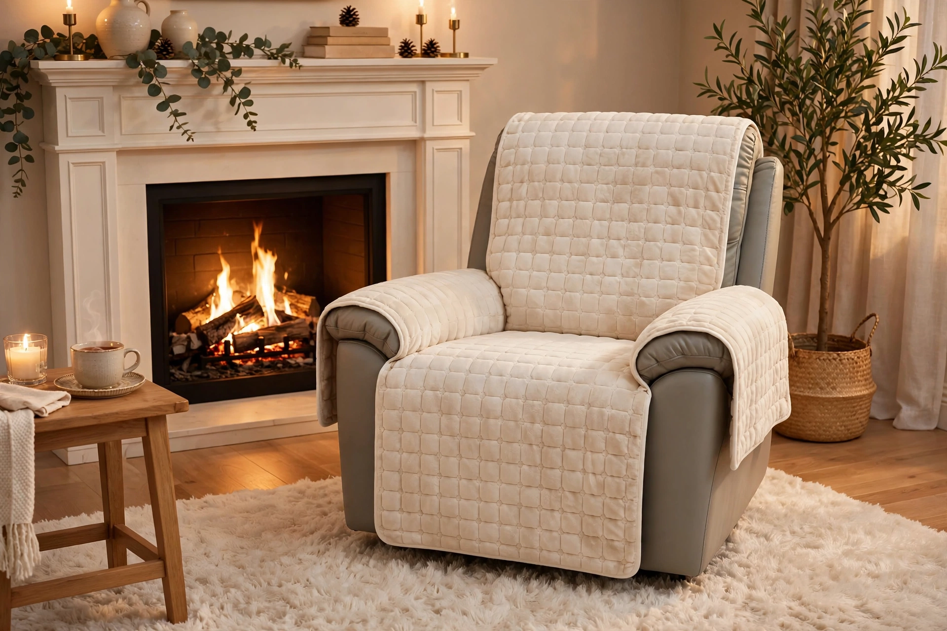 comfortable 1pc Velvet Recliner Chair Cover, Non-slip Recliner Slipcover Sofa Cover, Plush Recliner Cover, For Living Room Office Home Decor 11 An elegant armchair fitted with a clean white color Velvet Recliner Chair Cover placed in front of a warm stone fireplace