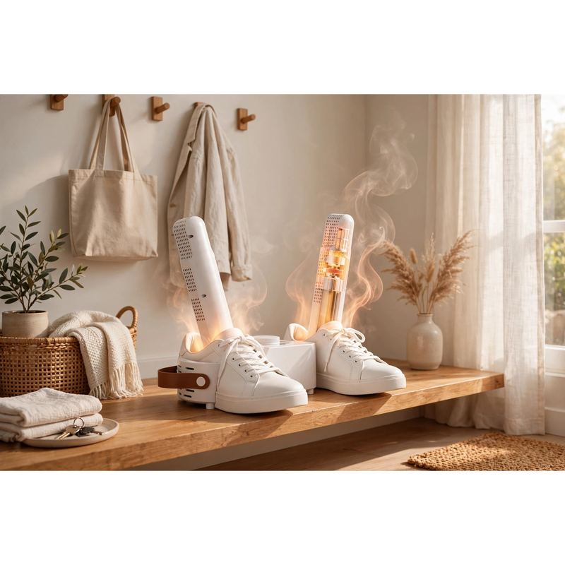 exclusive Antosun Footwear Dryer Odor Eliminator for Shoes, Equipped with Timer, Glove Dryer for Boxing, Collapsible, Suitable for Ski Boots, Socks, And Sneakers, Color: White, Without Battery 9 White odor eliminator for shoes drying white sneakers with glowing warm air currents visible inside a cozy room.