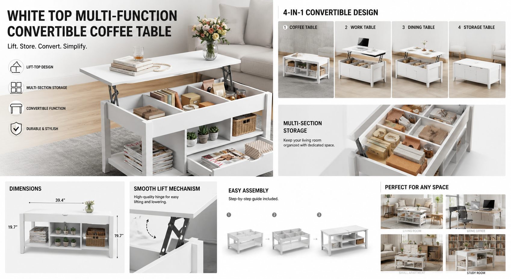 Coffee Table Lift Top, Multi-Function Convertible Coffee Table with Drawers and Hidden Compartment, Coffee Table Converts to Dining Table for Living Room, Home Office, Patio Furniture, outdoor furniture 17 mrali white crffff3