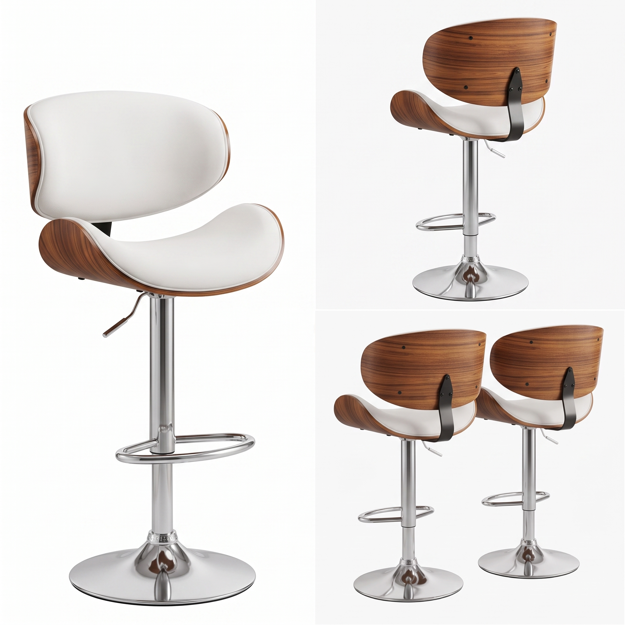 useful Swivel Bar Stools Set Of 2 Seat, Set Of 1 And 4 Seat, Adjustable Height 24.5-33.5in, Wooden Barstools PU Leather Upholstered Bar Chairs with Back & Footrest for Bar Kitchen Dining Room 18 A multi item product display demonstrating how the white color bar stools set of 1 and 2 seat items look as a single chair option or grouped together showing the curved dark walnut wood shell backing and shiny chrome metal pedestal base from different angles