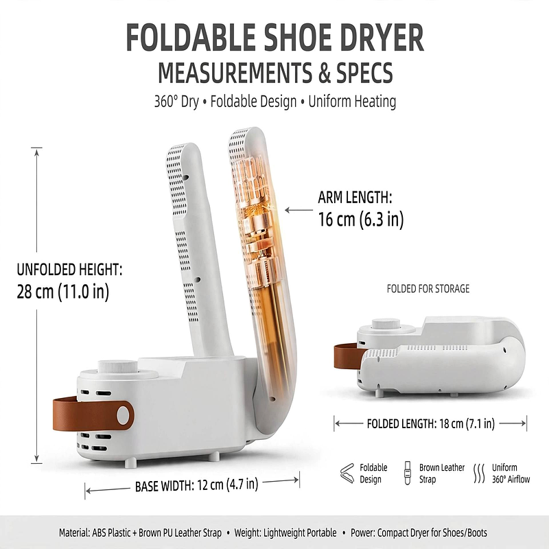 exclusive Antosun Footwear Dryer Odor Eliminator for Shoes, Equipped with Timer, Glove Dryer for Boxing, Collapsible, Suitable for Ski Boots, Socks, And Sneakers, Color: White, Without Battery 13 Technical specification diagram outlining the height, arm length, and base width measurements of the foldable odor eliminator for shoes.