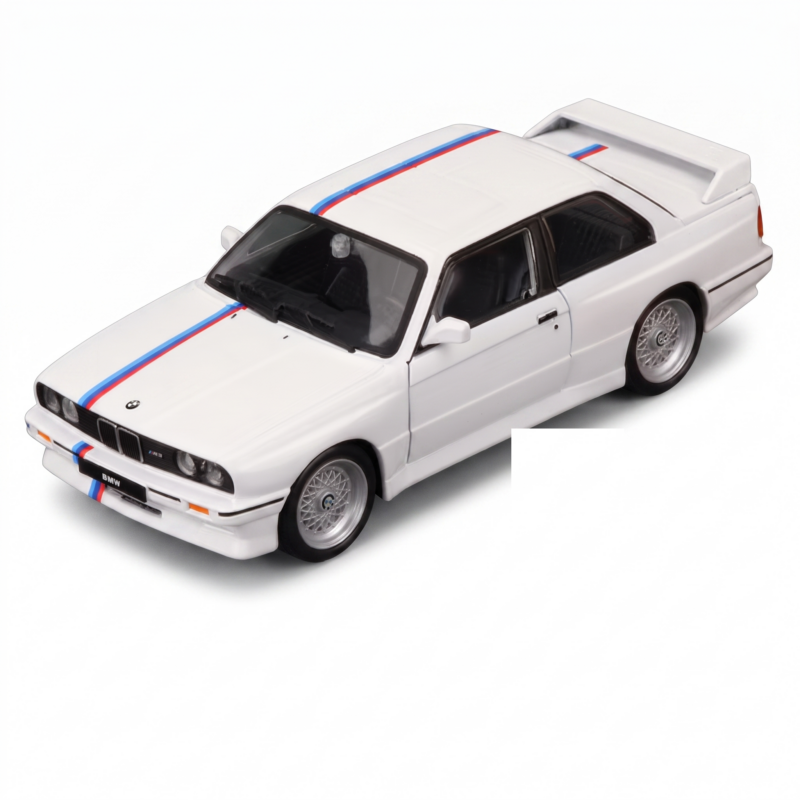 exclusive Burago 1:24 Scale for BMW M3 (E30) Collectible Die-Cast Model Car Suitable for & - Iconic Sports Car Replica, Metal, for BMW & for BMW M3 Decals 10 Die-cast white color Scale for BMW M3 E30 model car with M-stripe decals isolated on a clean background.