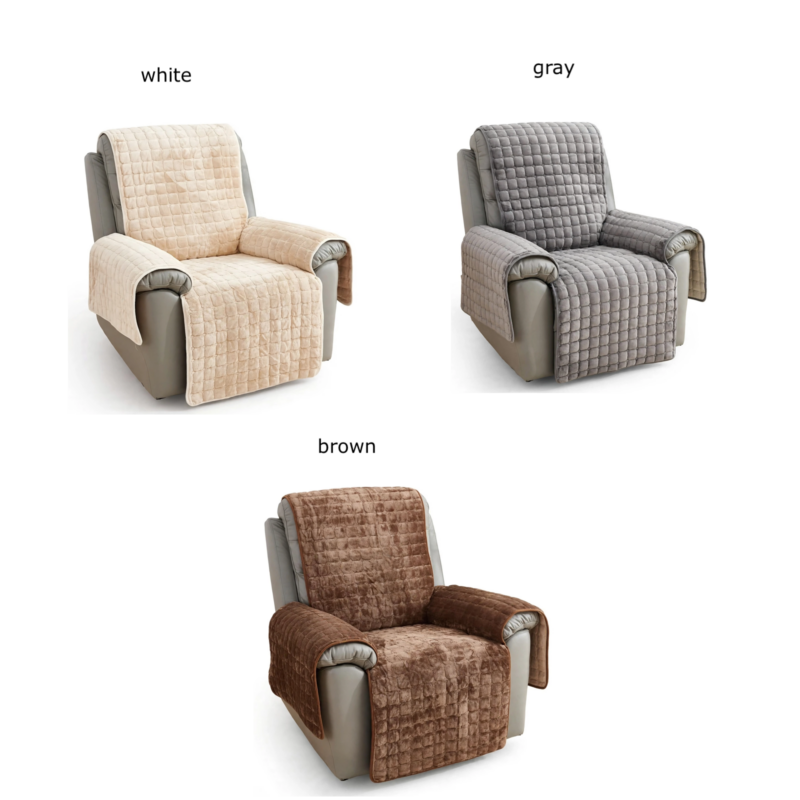 A product comparison image showing three views of a recliner chair. The top-left chair is covered in a white velvet recliner chair cover. The top-right chair is covered in a gray velvet recliner chair cover. The bottom-center chair is covered in a brown velvet recliner chair cover. All covers have a quilted texture and drape over the back, arms, and seat.