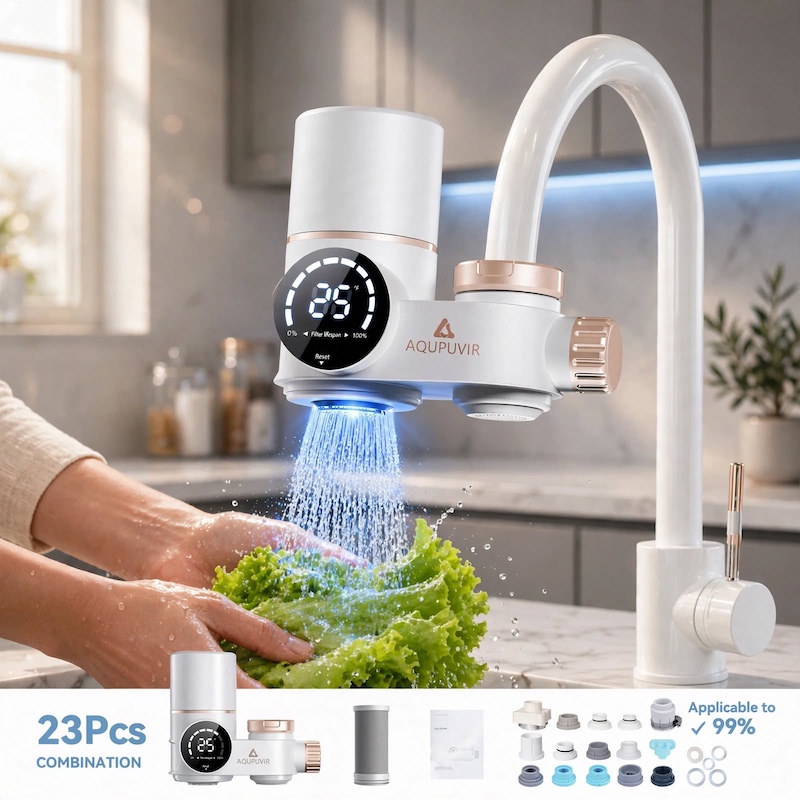 exclusive Faucet Mount Water Filtration, 264 Gallons Water Faucet Mount Filtration System, Dual Head Switching with Water Temperature And Life Dual Display for Tap Water Reduces Lead Chlorine, Heavy Metals (23psc Combination) 13 A person washing leafy greens under the illuminated stream of a white color Faucet Mount Water Filtration system inside a bright, modern kitchen.
