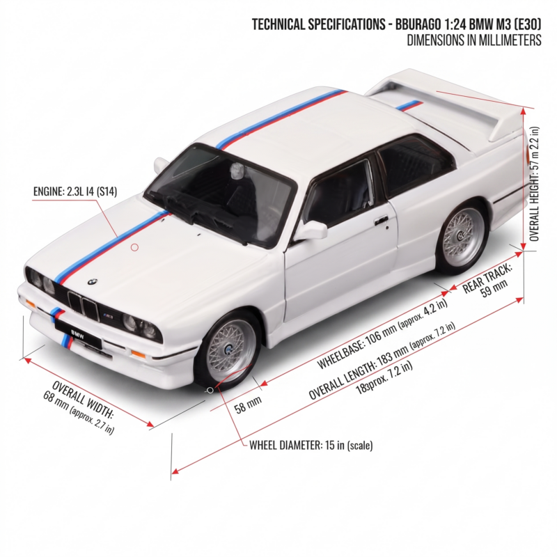 exclusive Burago 1:24 Scale for BMW M3 (E30) Collectible Die-Cast Model Car Suitable for & - Iconic Sports Car Replica, Metal, for BMW & for BMW M3 Decals 9 Diagram displaying measurements and technical specs for the white color Scale for BMW M3 E30 die-cast model car.