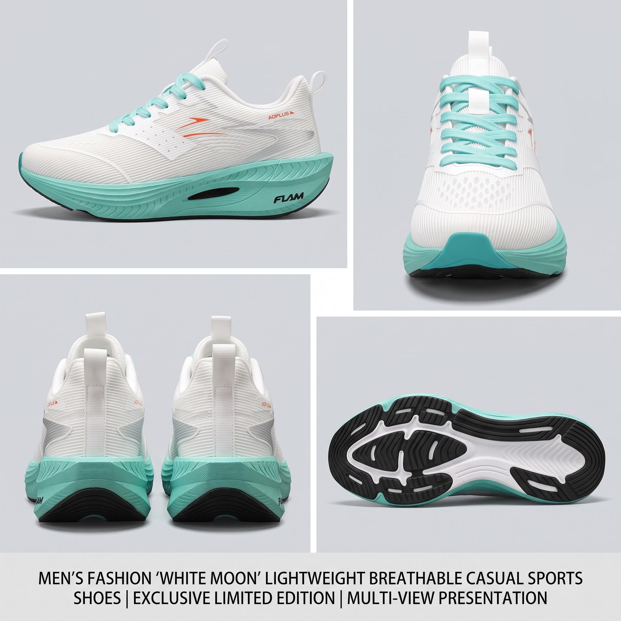 exclusive Men'S Fashion Lightweight Breathable Casual Sports Shoes | Low-Top Fabric Upper, Rubber Sole, Lace Closure, Suitable for All Seasons And Daily Wear 17 A four-panel presentation collage showing profile, front, back, and sole views of the white moon color Lightweight Breathable Casual Sports Shoes