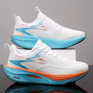 A stacked composition showcasing the lateral side profiles of two identical white orange color Lightweight Breathable Casual Sports Shoes with textured blue midsoles,