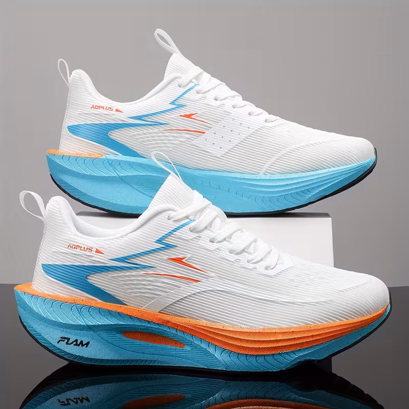 exclusive Men'S Fashion Lightweight Breathable Casual Sports Shoes | Low-Top Fabric Upper, Rubber Sole, Lace Closure, Suitable for All Seasons And Daily Wear 1 A stacked composition showcasing the lateral side profiles of two identical white orange color Lightweight Breathable Casual Sports Shoes with textured blue midsoles,