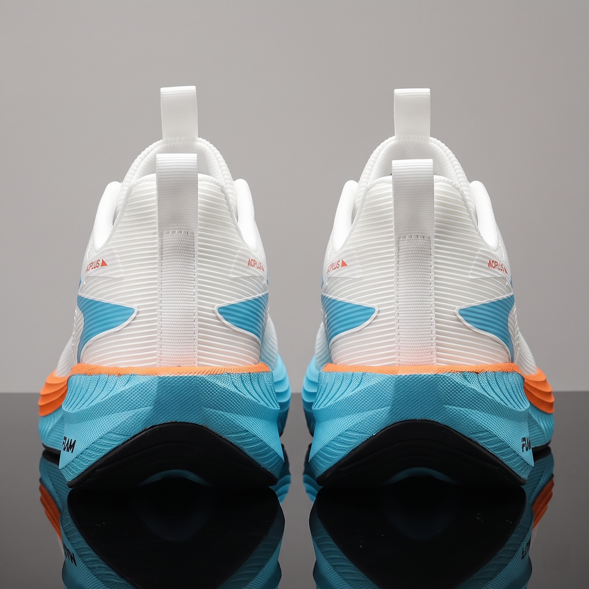 exclusive Men'S Fashion Lightweight Breathable Casual Sports Shoes | Low-Top Fabric Upper, Rubber Sole, Lace Closure, Suitable for All Seasons And Daily Wear 12 Symmetrical rear view of a pair of white orange color Lightweight Breathable Casual Sports Shoes, showcasing the white ribbed heel upper, orange piping, and blue midsoles,