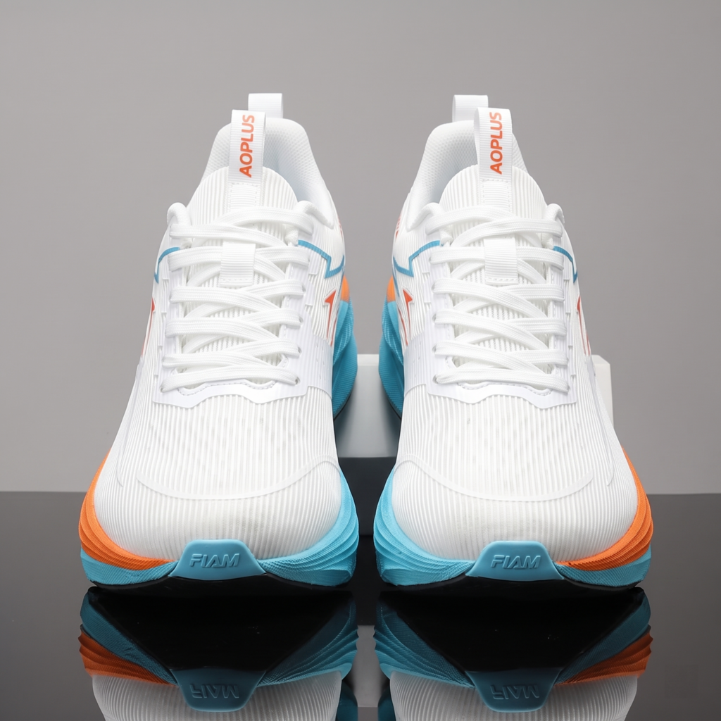 exclusive Men'S Fashion Lightweight Breathable Casual Sports Shoes | Low-Top Fabric Upper, Rubber Sole, Lace Closure, Suitable for All Seasons And Daily Wear 11 ymmetrical front-facing view of a pair of white orange color Lightweight Breathable Casual Sports Shoes with white laces and orange tongue text on a reflective surface