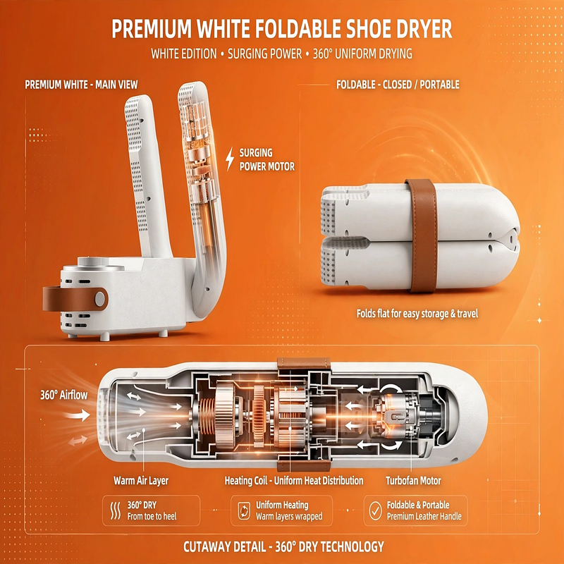 exclusive Antosun Footwear Dryer Odor Eliminator for Shoes, Equipped with Timer, Glove Dryer for Boxing, Collapsible, Suitable for Ski Boots, Socks, And Sneakers, Color: White, Without Battery 12 echnical cutaway infographic highlighting the internal turbofan motor, heating coil, and 360-degree airflow channels of the odor eliminator for shoes.