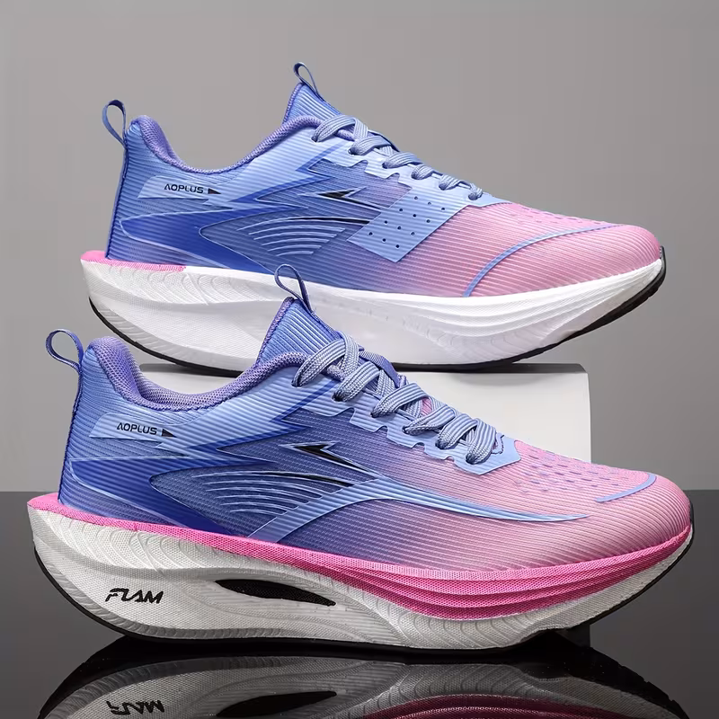 exclusive Men'S Fashion Lightweight Breathable Casual Sports Shoes | Low-Top Fabric Upper, Rubber Sole, Lace Closure, Suitable for All Seasons And Daily Wear 10 A stacked composition showing the lateral side profiles of two identical white purple color Lightweight Breathable Casual Sports Shoes with textured white midsoles