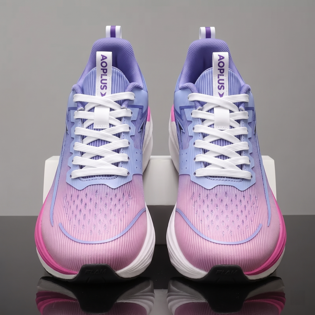 exclusive Men'S Fashion Lightweight Breathable Casual Sports Shoes | Low-Top Fabric Upper, Rubber Sole, Lace Closure, Suitable for All Seasons And Daily Wear 8 Symmetrical front-facing view of a pair of white purple color Lightweight Breathable Casual Sports Shoes with white laces on a reflective surface