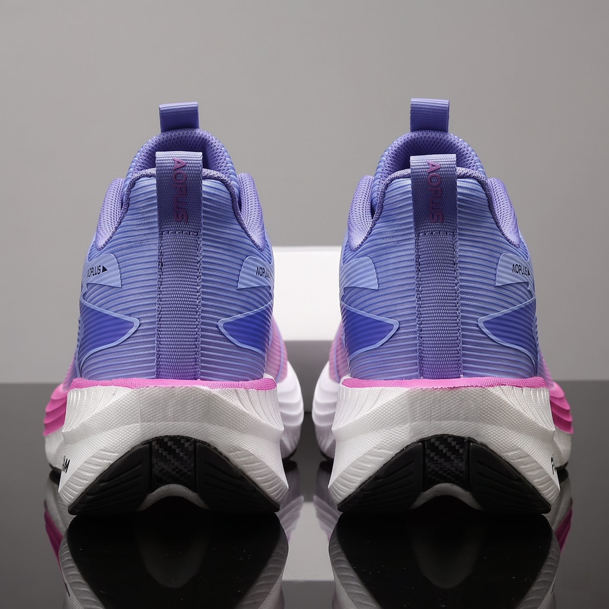 exclusive Men'S Fashion Lightweight Breathable Casual Sports Shoes | Low-Top Fabric Upper, Rubber Sole, Lace Closure, Suitable for All Seasons And Daily Wear 9 Symmetrical rear view of a pair of white purple color Lightweight Breathable Casual Sports Shoes, highlighting the textured lavender upper and white midsoles