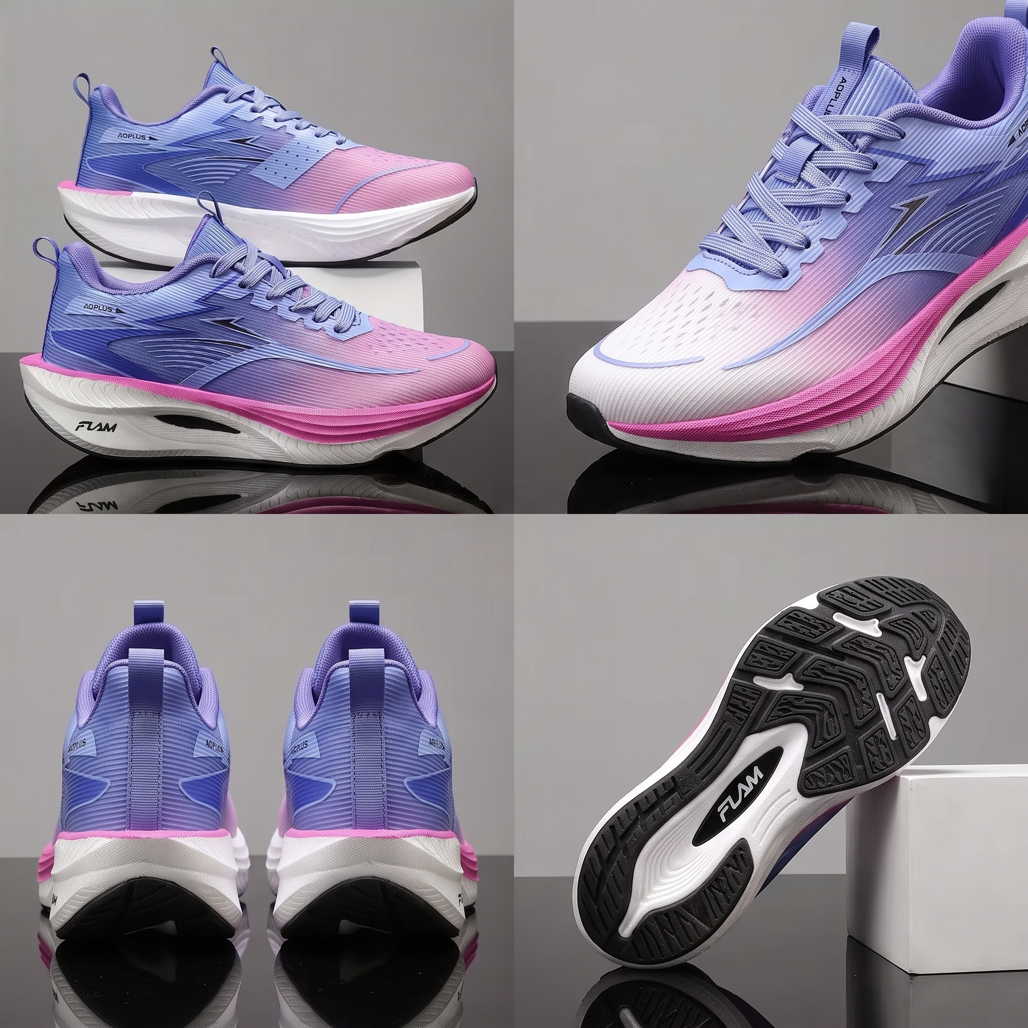 exclusive Men'S Fashion Lightweight Breathable Casual Sports Shoes | Low-Top Fabric Upper, Rubber Sole, Lace Closure, Suitable for All Seasons And Daily Wear 16 A four-panel presentation collage showing profile, front, back, and sole views of the white purple color Lightweight Breathable Casual Sports Shoes