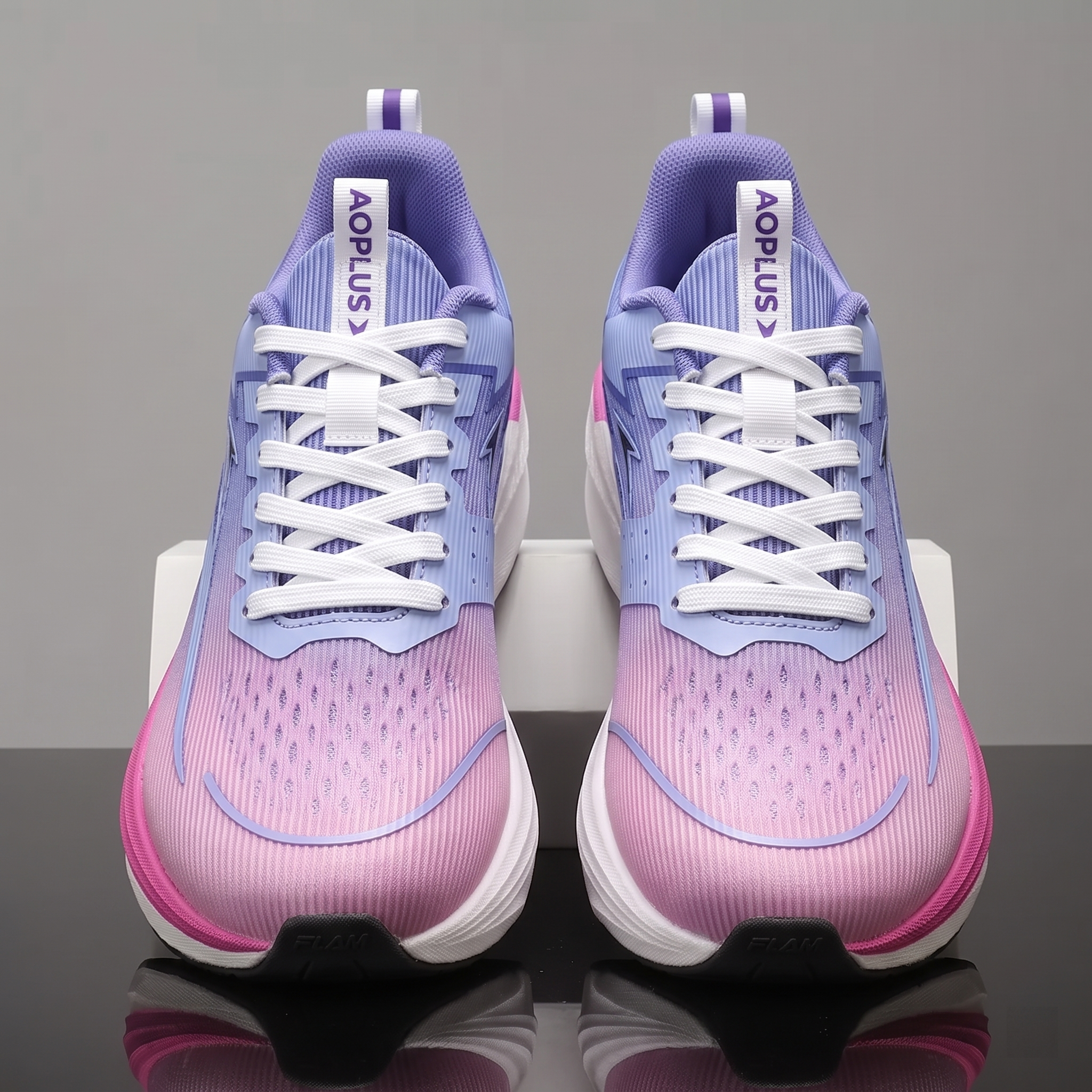 exclusive Men'S Fashion Lightweight Breathable Casual Sports Shoes | Low-Top Fabric Upper, Rubber Sole, Lace Closure, Suitable for All Seasons And Daily Wear 8 Symmetrical front-facing view of a pair of white purple color Lightweight Breathable Casual Sports Shoes with white laces on a reflective surface