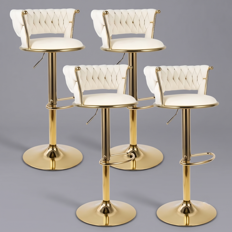 2pcs/4pcs Modern Swivel Woven Velvet Bar Stools, Stool, 360° Swivel Adjustable Height Bar Stool with Backs Golden Metal Tall Bar Stools Counter Height for Kitchen Island, for Christmas, Festival, New Year'S Gift 11 A matching beige color set of 4 Swivel Woven Velvet Bar Stools arranged on a sleek grey background, each highlighting the woven cushion design and polished gold adjustable pedestal base.