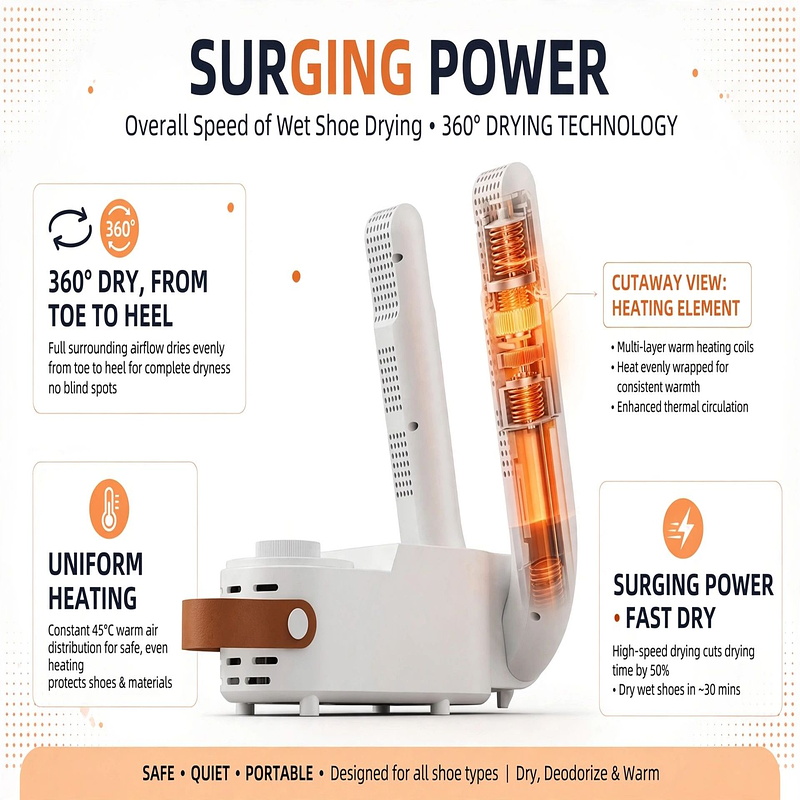 exclusive Antosun Footwear Dryer Odor Eliminator for Shoes, Equipped with Timer, Glove Dryer for Boxing, Collapsible, Suitable for Ski Boots, Socks, And Sneakers, Color: White, Without Battery 11 Product infographic highlighting the surging power, 360-degree dry from toe to heel, uniform heating, and heating element cutaway view of the odor eliminator for shoes.