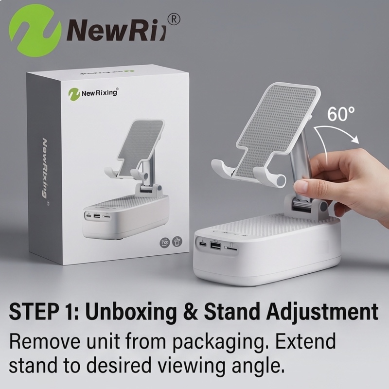NewRixing 6W Wireless Speaker with Phone Holder, TWS Dual Pairing, 1800mAh Battery, Hands-Free Calling, Portable Power Bank, 6-Hour Playtime, Hi-Fi Sound Quality, Loud Stereo & Deep Bass, USB-C Charging, Indoor/Outdoor Use, Adjustable Stand, Durable 31 mrali white step 1 Unboxing Stand Adjustment
