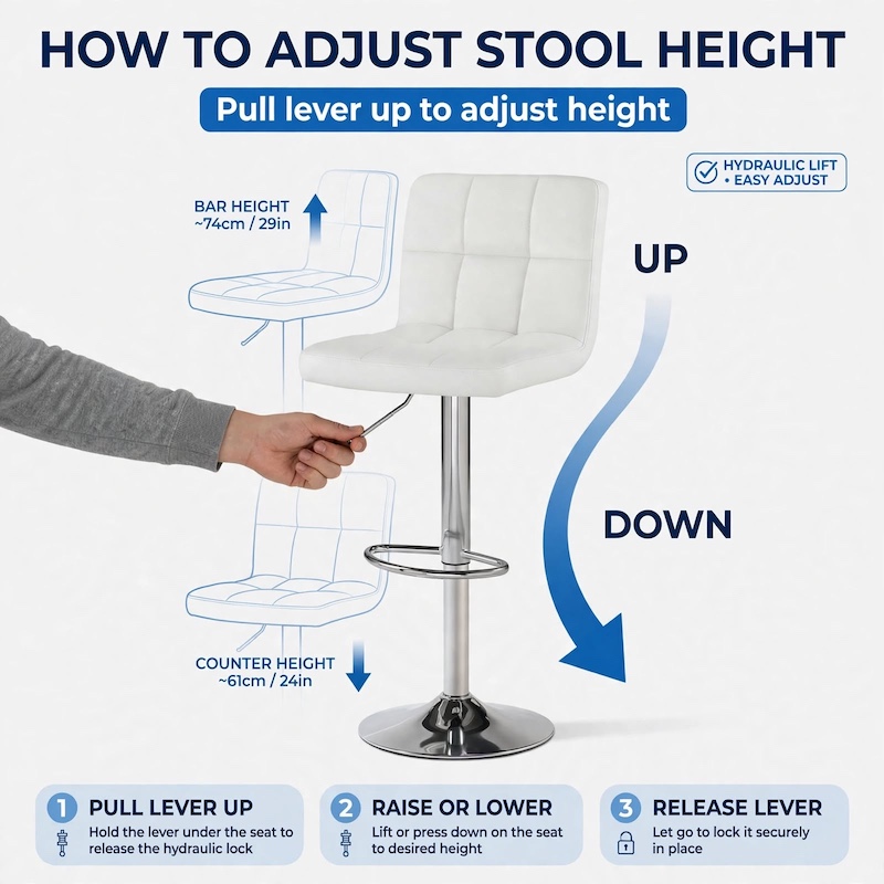 comfortable MCQ Bar Stools Set Armless Adjustable Swivel Barstools, PU Leather Hydraulic Kitchen Counter Height Bar Stools, Thickened Seat Cushion with Back 23 Tutorial graphic showing how to use the hydraulic lift lever on the white 2 pack bar stools set armless adjustable.