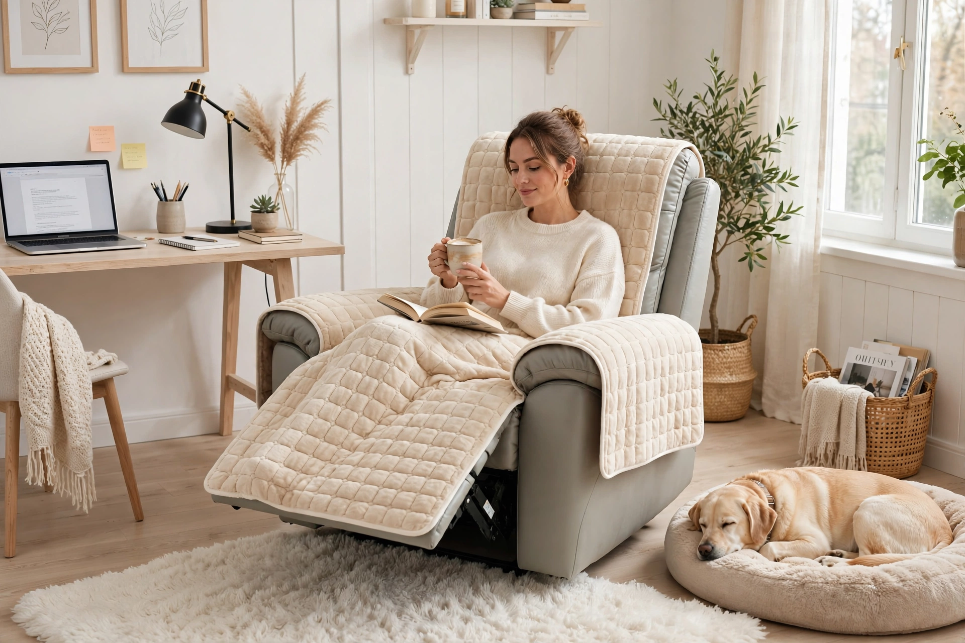 comfortable 1pc Velvet Recliner Chair Cover, Non-slip Recliner Slipcover Sofa Cover, Plush Recliner Cover, For Living Room Office Home Decor 5 mrali white view Velvet Recliner Chair Cover