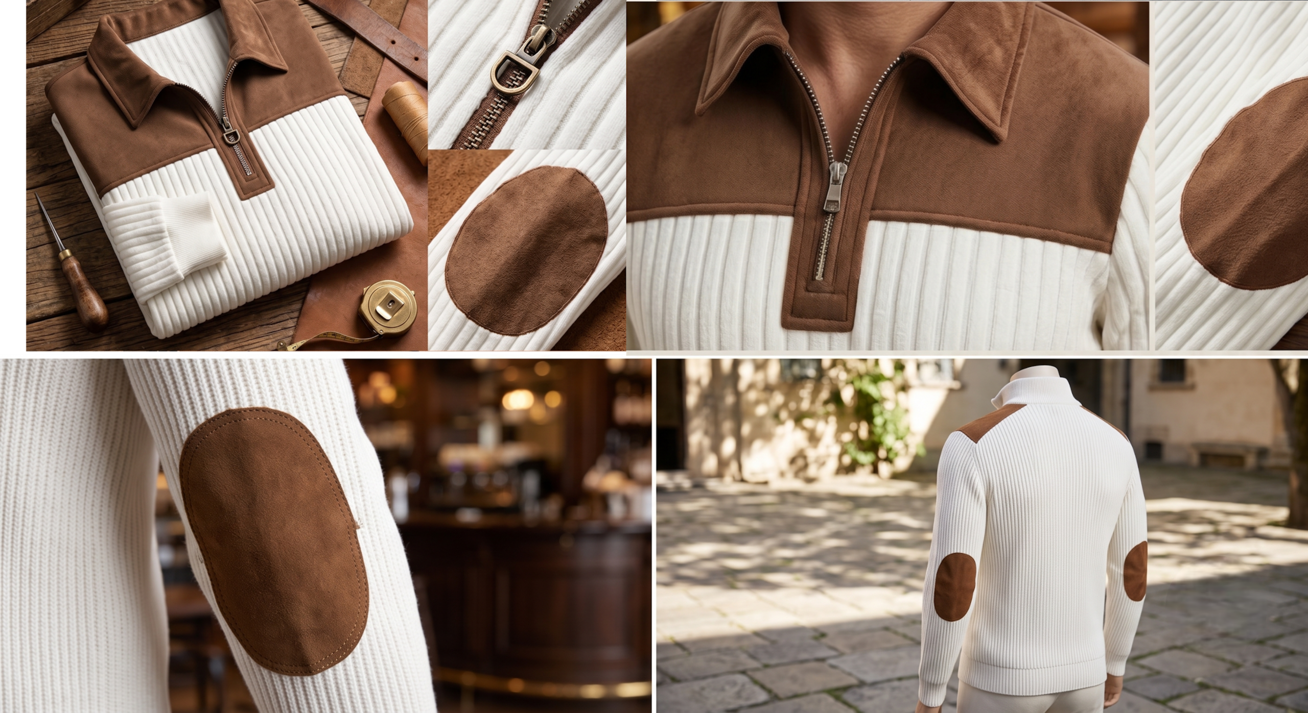 Men's Color-Block Design Casual Stand Collar Pullover - Ribbed Color-Block Patchwork, Thick and Warm Pullover, Stand Collar with Zipper Design, Suitable for Daily Casual Fashion, Simple and Versatile for Outings and Commuting, Long-Sleeve Pullover 17 Style Details for White Color Casual Stand Collar Pullover