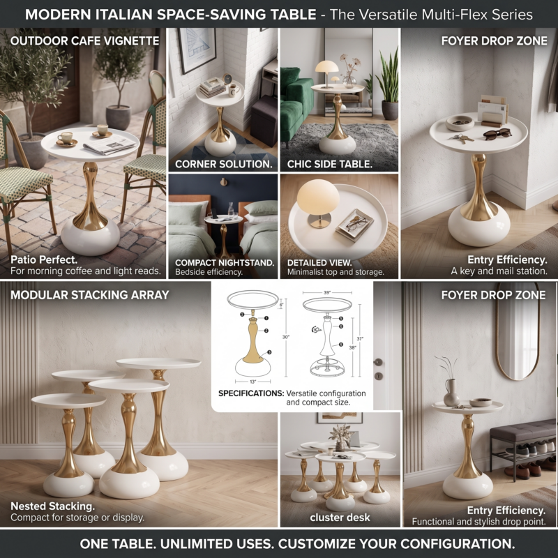 exclusive 1pc Modern Italian Space-Saving Corner Coffee Table with Metal Tabletop & Assembly - Multifunctional Compact Suitable for Small Apartments, Living Room, Bedside - Wood-Free (Ideal for Urban Dwellers) 7 A four panel image series featuring a white color modern italian space saving corner coffee table in a small office corner, next to a green living room sofa, as a bedside nightstand between two beds, and grouped together in a workspace layout.