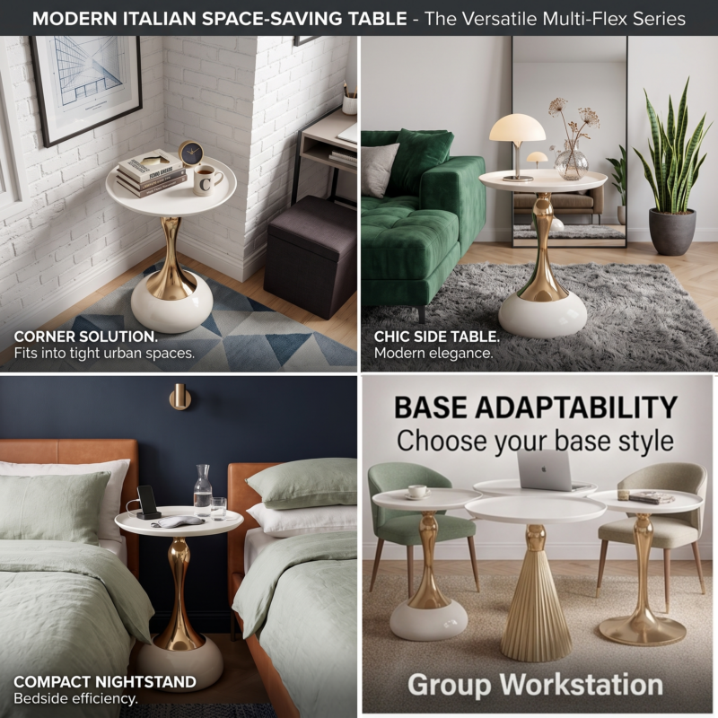 exclusive 1pc Modern Italian Space-Saving Corner Coffee Table with Metal Tabletop & Assembly - Multifunctional Compact Suitable for Small Apartments, Living Room, Bedside - Wood-Free (Ideal for Urban Dwellers) 8 A crisp studio shot highlighting a single white color modern italian space saving corner coffee table equipped with an elegant polished gold metal hourglass pedestal and a sleek tray top holding books, a vase, and a mushroom dome lamp over a clean white background.