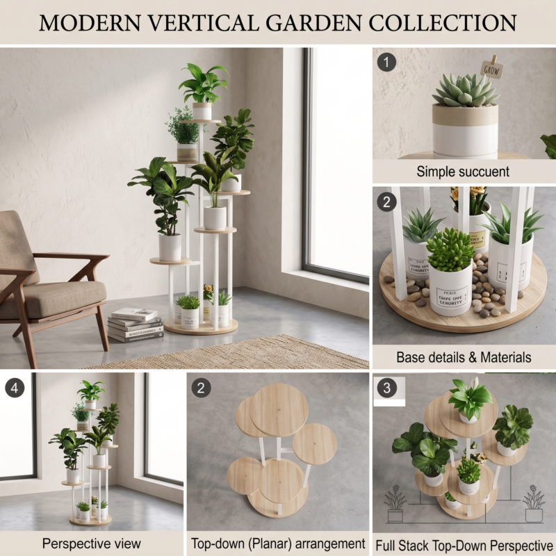 practical Indoor Plant Stand with 6 Tiers, Suitable for Various Plants, Corner Flower Display for The Living Room, Featuring a Multi-Layer Vintage Design 9 A modern vertical garden collection board highlighting a white color Indoor Plant Stand with 6 Tiers, showcasing perspective, top-down planar arrangement, and base material details.