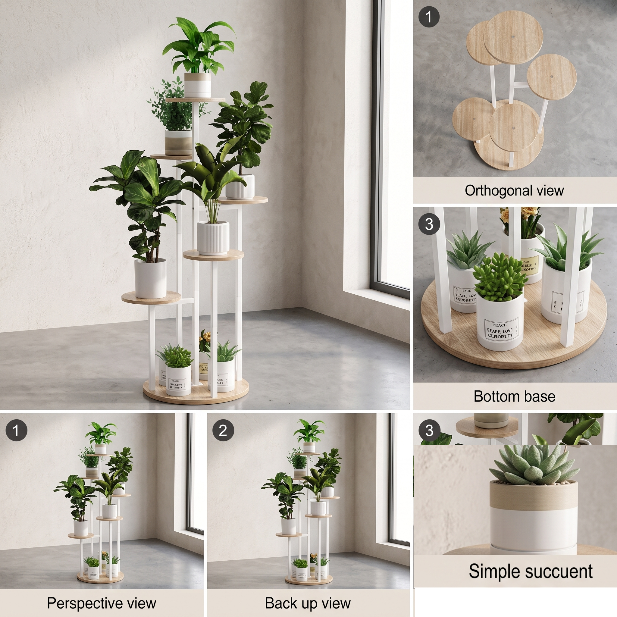 practical Indoor Plant Stand with 6 Tiers, Suitable for Various Plants, Corner Flower Display for The Living Room, Featuring a Multi-Layer Vintage Design 14 An interior design presentation board detailing orthogonal, perspective, and back up views of a white color Indoor Plant Stand with 6 Tiers holding various succulents and leafy plants.