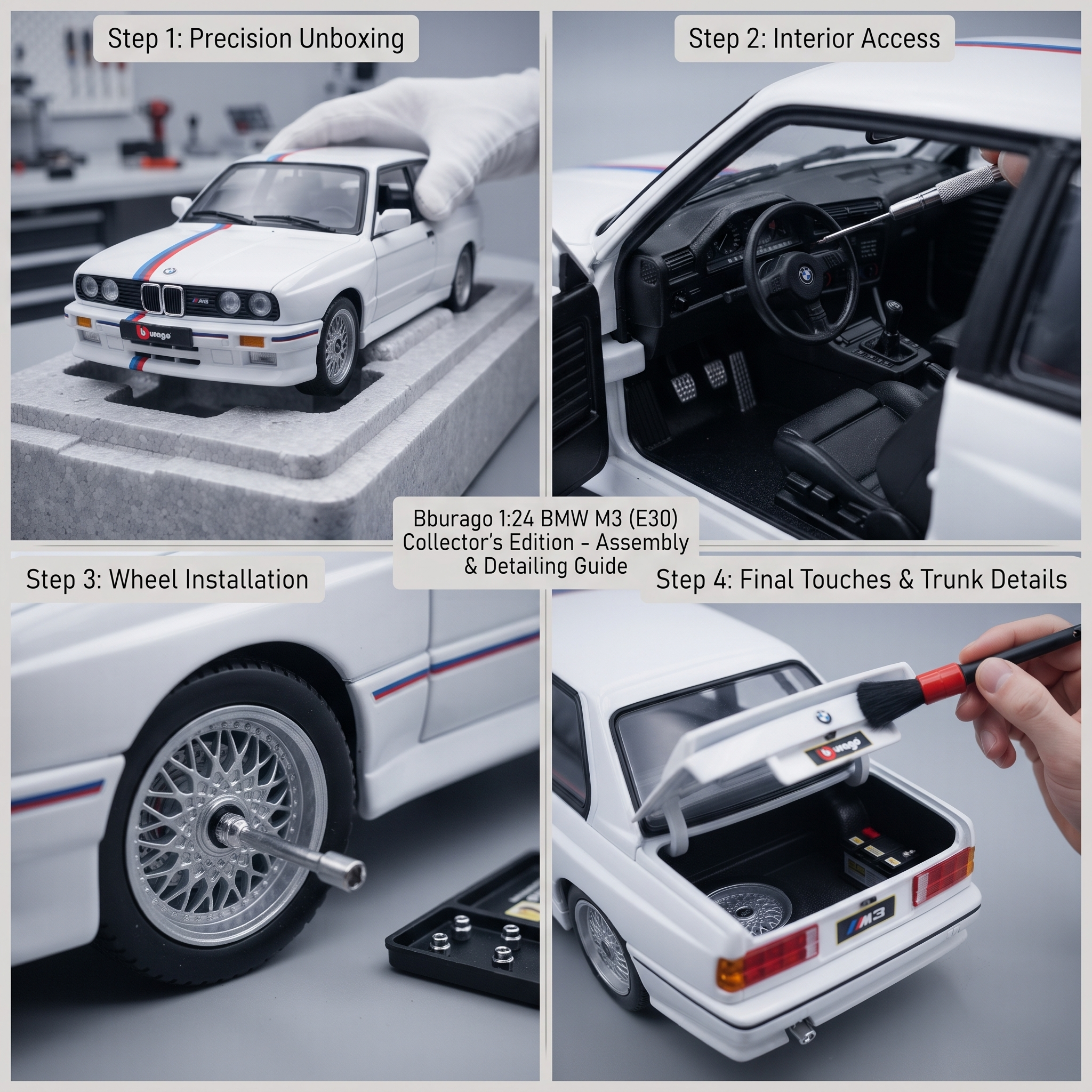 exclusive Burago 1:24 Scale for BMW M3 (E30) Collectible Die-Cast Model Car Suitable for & - Iconic Sports Car Replica, Metal, for BMW & for BMW M3 Decals 15 Four step visual guide showing unboxing, interior detailing, wheel installation, and trunk care for the white color Scale for BMW M3.