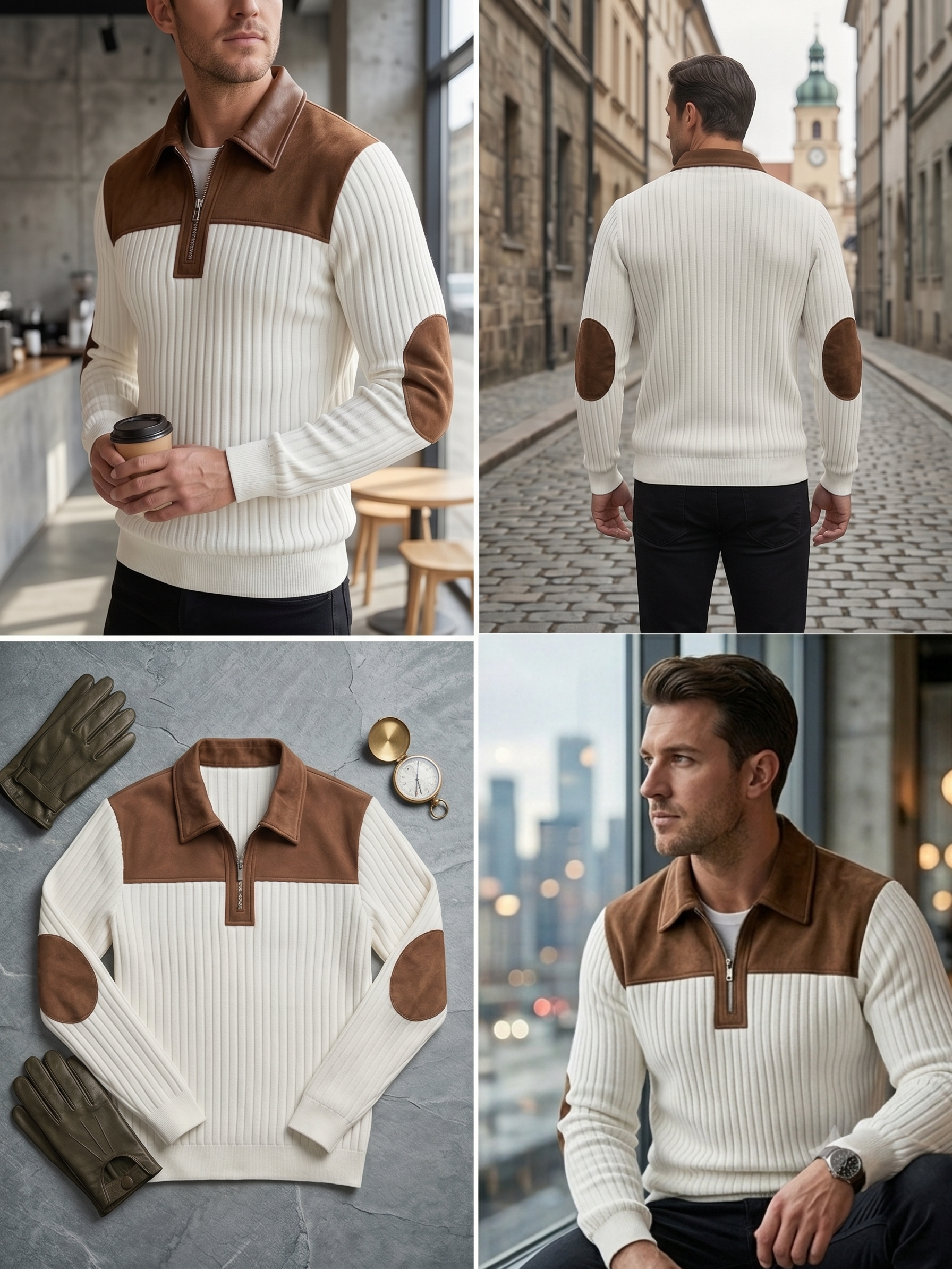 Men's Color-Block Design Casual Stand Collar Pullover - Ribbed Color-Block Patchwork, Thick and Warm Pullover, Stand Collar with Zipper Design, Suitable for Daily Casual Fashion, Simple and Versatile for Outings and Commuting, Long-Sleeve Pullover 12 Four panel lifestyle grid featuring a man wearing a white color casual stand collar pullover in a coffee shop, walking on a city street, a flat lay with winter gloves, and a portrait by a high rise window view.