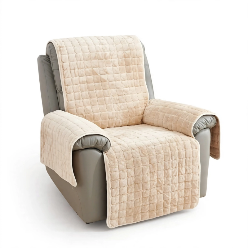comfortable 1pc Velvet Recliner Chair Cover, Non-slip Recliner Slipcover Sofa Cover, Plush Recliner Cover, For Living Room Office Home Decor 4 Studio product image of an armchair fully fitted with a quilted white color Velvet Recliner Chair Cover against a pure white background