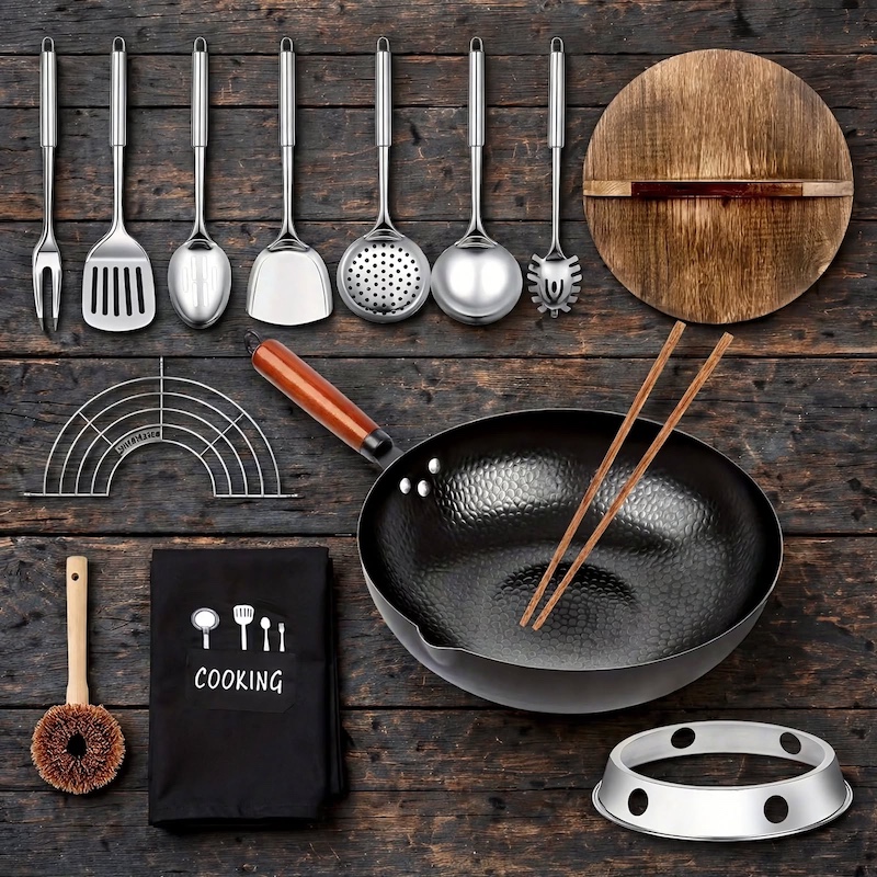 practical Cast Iron Frying Pan Wok Set - Nonstick, 12.6 Inch Pan With 13 Cookware Accessories, Suitable For All Stoves, Kitchen Utensils, Kitchen Tools, Kitchen Accessory, Kitchen Supplies Camping 7 A top-down rustic flat-lay arrangement of the Cast Iron Frying Pan Wok Set and its 13 matching accessories on a dark wooden surface.