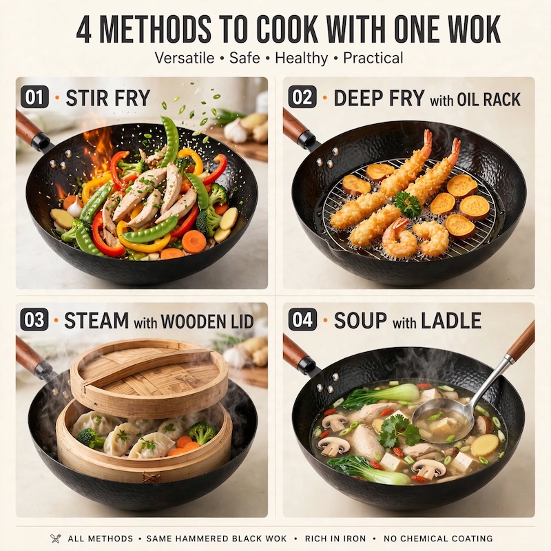 practical Cast Iron Frying Pan Wok Set - Nonstick, 12.6 Inch Pan With 13 Cookware Accessories, Suitable For All Stoves, Kitchen Utensils, Kitchen Tools, Kitchen Accessory, Kitchen Supplies Camping 10 A four-panel image demonstrating stir-frying, deep frying with an oil rack, steaming with a wooden lid, and making soup using the Cast Iron Frying Pan Wok Set.