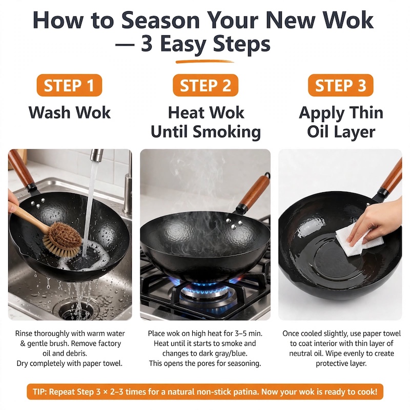practical Cast Iron Frying Pan Wok Set - Nonstick, 12.6 Inch Pan With 13 Cookware Accessories, Suitable For All Stoves, Kitchen Utensils, Kitchen Tools, Kitchen Accessory, Kitchen Supplies Camping 9 A three-step instructional graphic showing how to wash, heat until smoking, and oil the interior of a black hammered Cast Iron Frying Pan Wok Set.