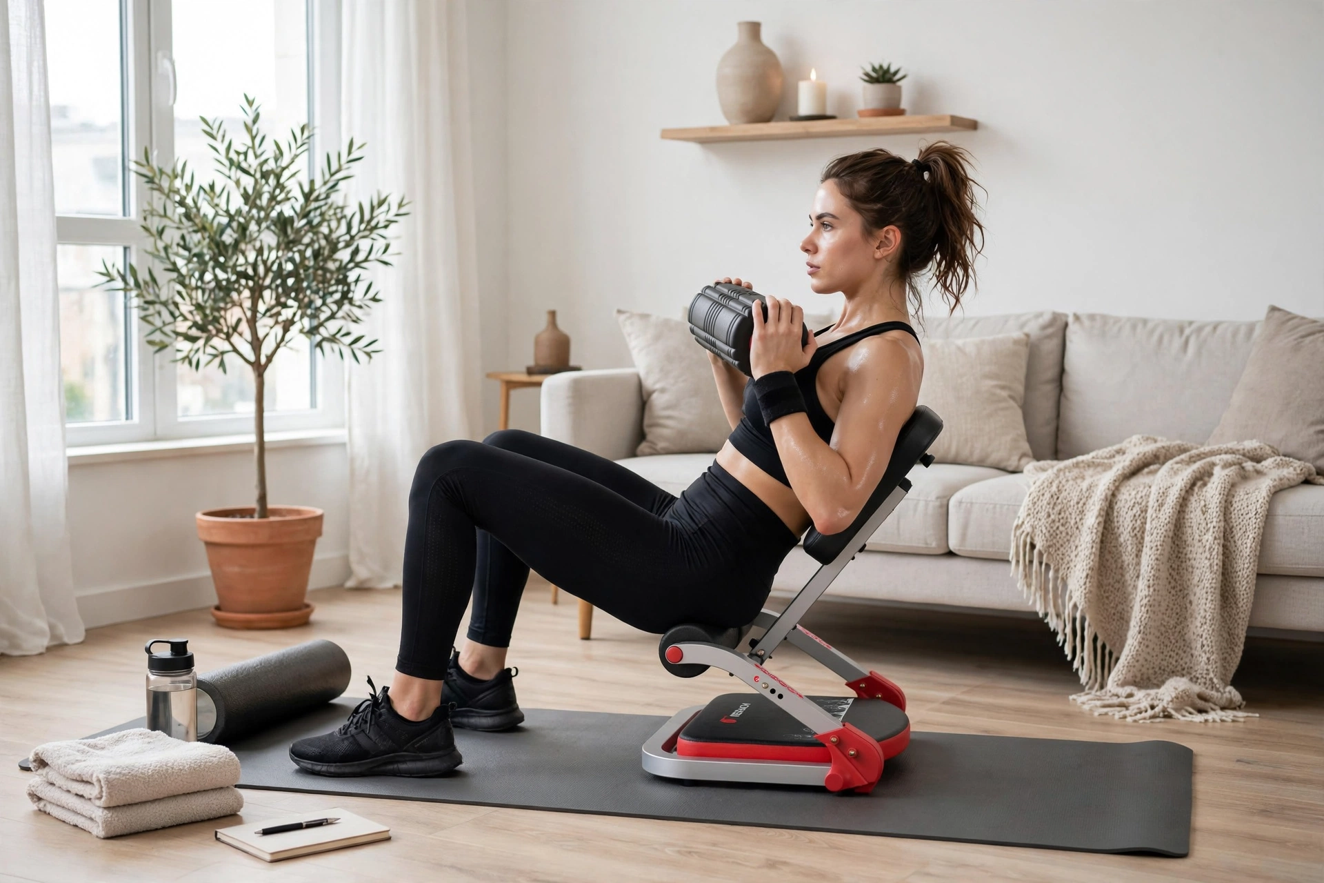 practical MERACH Multifunctional abdominal trainer, core strength, waist slimming, abdominal fitness home exercise equipment, home abdominal muscle training and abdominal loss fitness equipment 12 A woman exercising on a red and black multifunctional abdominal trainer in a living room setting