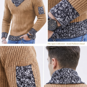 A multi panel collage displaying diverse views of a model wearing a ribbed mustard yellow color urban men's sweater, featuring close ups of the scarf neck, wrist cuff, and a model side profile.