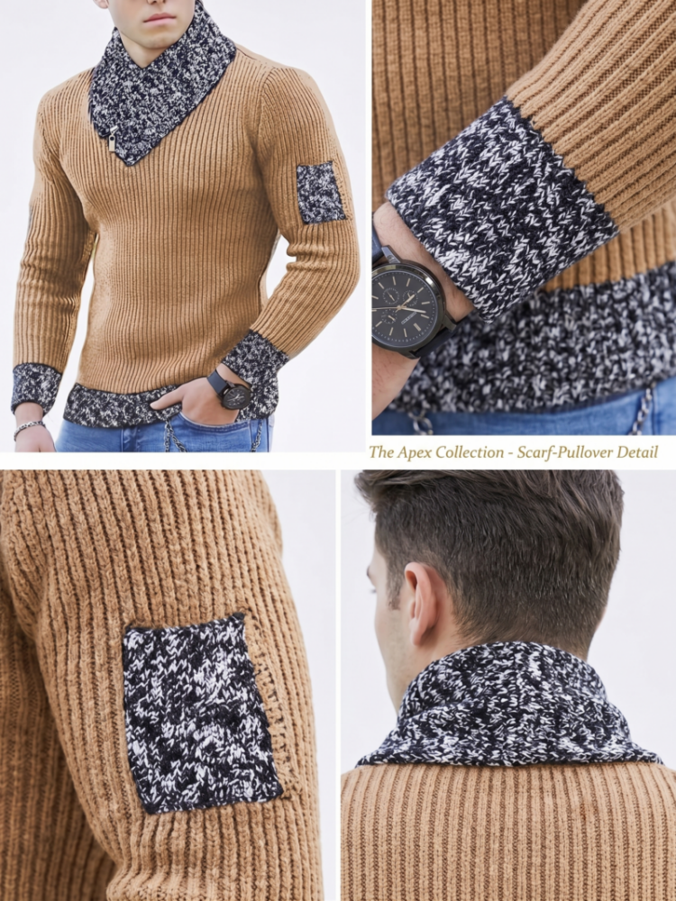 A multi panel collage displaying diverse views of a model wearing a ribbed mustard yellow color urban men's sweater, featuring close ups of the scarf neck, wrist cuff, and a model side profile.