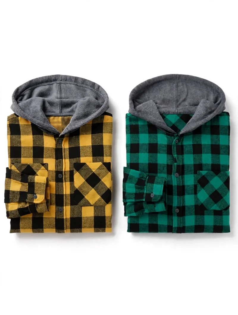 2pcs Men's New York Fashion Trendy Plaid Shirt Hoodie, Plaid Pullover Sweatshirt Flannel Hoodie 21 Two folded long-sleeve fashion trendy plaid shirt hoodies side by side, featuring a yellow and black check on the left and a green and black check on the right.