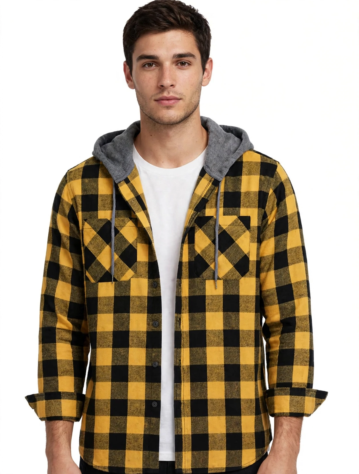 2pcs Men's New York Fashion Trendy Plaid Shirt Hoodie, Plaid Pullover Sweatshirt Flannel Hoodie 36 Front close-up of a male model wearing an unbuttoned yellow and black fashion trendy plaid shirt hoodie with rolled-up sleeves over a white t-shirt.