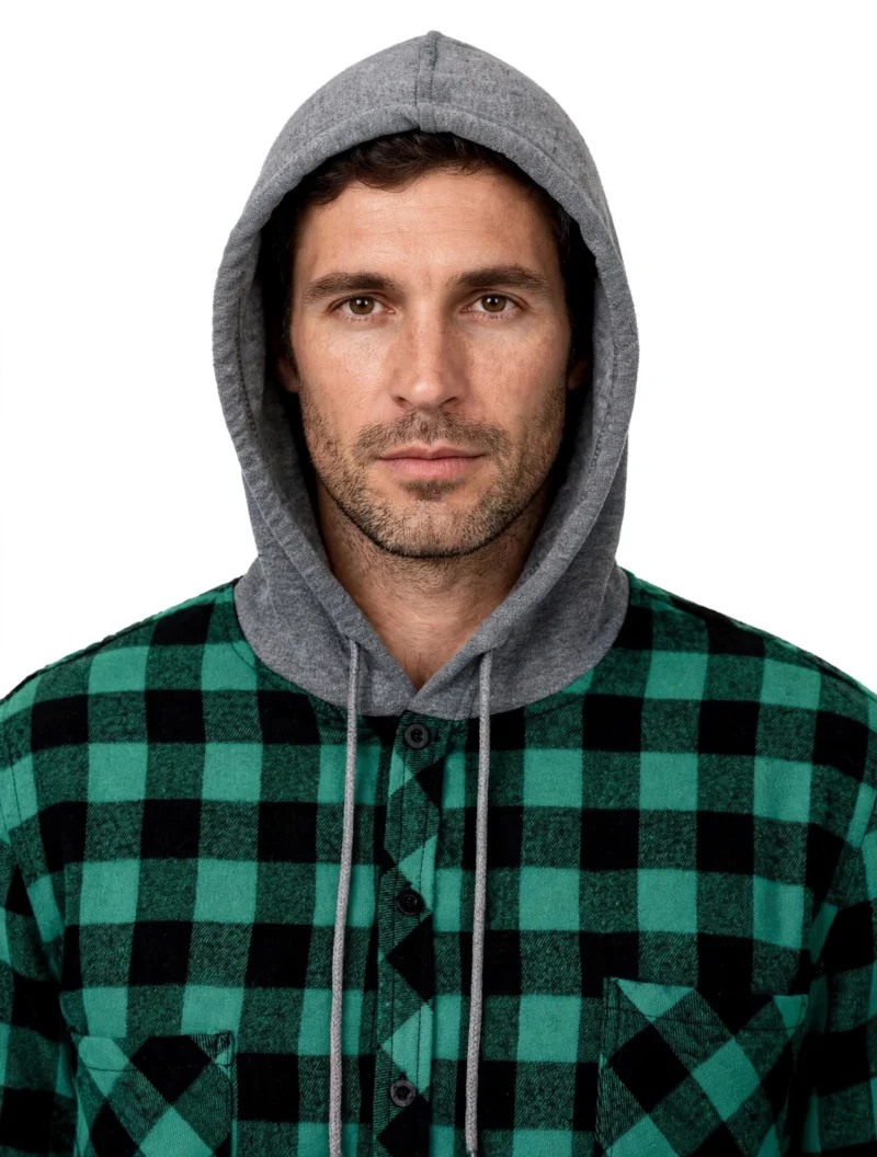 2pcs Men's New York Fashion Trendy Plaid Shirt Hoodie, Plaid Pullover Sweatshirt Flannel Hoodie 20 Close-up portrait of a male model with the gray hood pulled up, wearing a green and black fashion trendy plaid shirt hoodie.