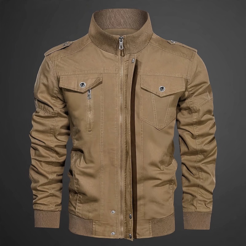 Men's Tactical Jacket Practical Men's Tactical Jacket | Multiple Pockets, Workwear Style Coat 14 Front view of a fully closed yellowish brown color Men's Tactical Jacket Practical against a dark gray background.