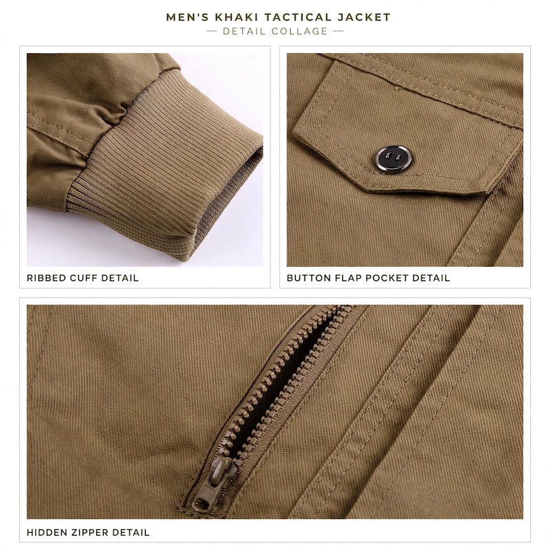 Men's Tactical Jacket Practical Men's Tactical Jacket | Multiple Pockets, Workwear Style Coat 17 A three-panel collage detailing the ribbed cuff, button flap pocket, and zipper of the yellowish brown color Men's Tactical Jacket Practical.